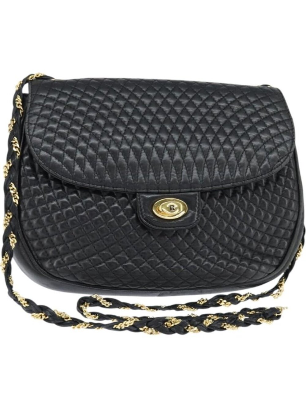BALLY Quilted Chain Shoulder Bag Leather Black Gold
